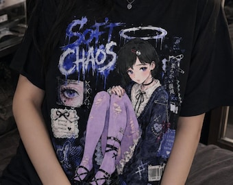 SOFT CHAOS Angelcore Punk T-Shirt, Subcul Jirai Anime Tee, Blue Grunge Alt Shirt