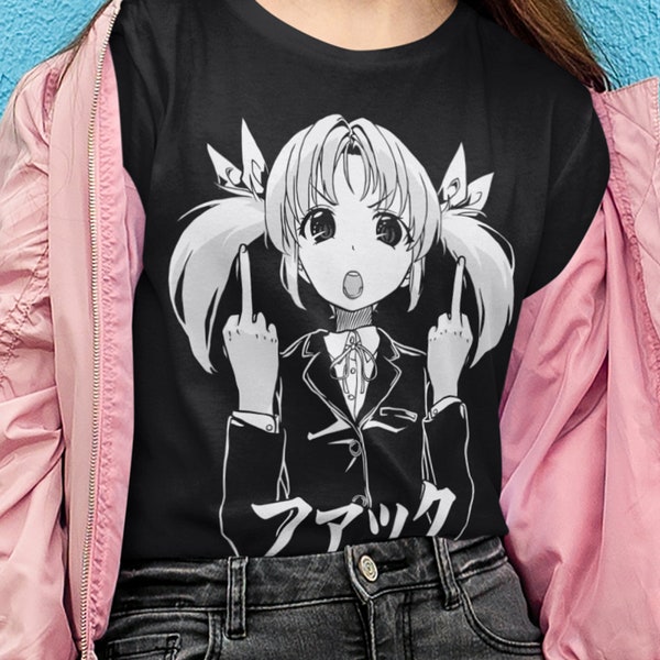 KUTABARE Kawaii Twintails T-Shirt, Schulmädchen Mittelfinger, Urban Punk Kleidung, japanische Streetwear, Harajuku Style Fashion