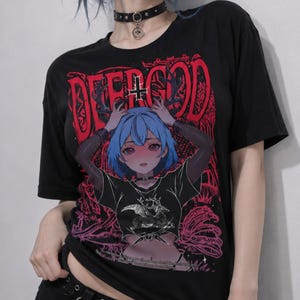DEERGOD Dark Fantasy Anime Girl T-Shirt, Deer Skull Occult Tee, Gothic Folklore Shirt image 1