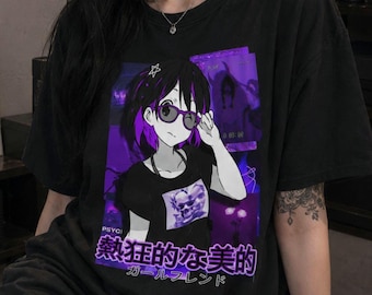 PURPLE AESTHETIC Anime Girl T-Shirt, Glasses Girl Kawaii Grunge Tee, Harajuku Vaporwave Shirt