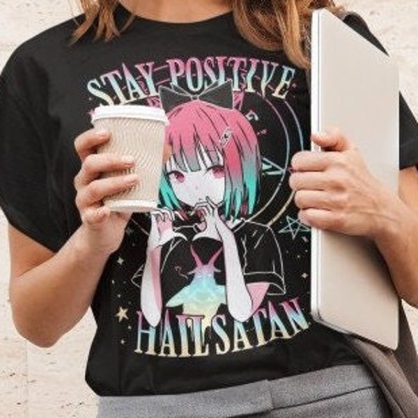 STAY POSITIVE Hail Satan T-Shirt, Kawaii Waifu, süße Goth Death Metal Kleidung, Fairy Kei Harajuku Pastell Goth, Urban Punk Weeb Anime Shirt