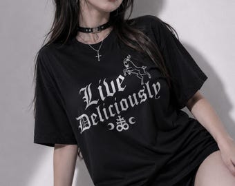 LIVE DELICIOUSLY Witch T-Shirt, Minimalist Goth Unisex Tee Shirt