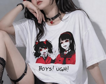 BOYS UGH Mean Anime Girl T-Shirt, Creepy Cute Waifu Tee, Alt Kawaii Grunge Shirt