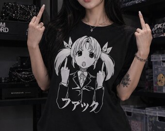 KUTABARE Angry Anime Girl T-Shirt, Kawaii Middle Finger Tee, Tokyo Punk Gyaru Shirt