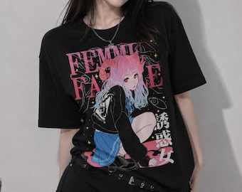 FEMME FATALE Pastel Goth Anime Girl T-Shirt, Yami Kawaii Menhera Tee, Graphic Grunge Shirt