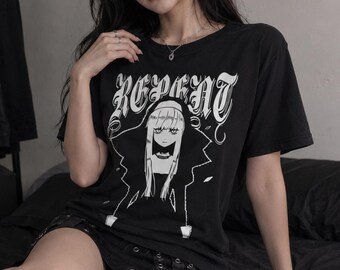 REPENT SINNER Anime Nun T-Shirt, Gothic Grunge Waifu Tee, Kawaii Streetwear Shirt