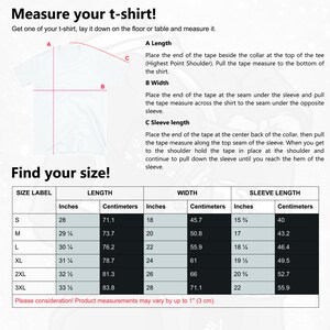 May include: A t-shirt sizing guide featuring a diagram of a t-shirt with labeled measurements for length, width, and sleeve length. A table provides specific dimensions in inches and centimeters for sizes S through 3XL, noting a 1-inch variance.
