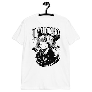 May include: White t-shirt with a black and white illustration of an anime character with cat ears. The text "PSYCHO" is printed in black above the character.