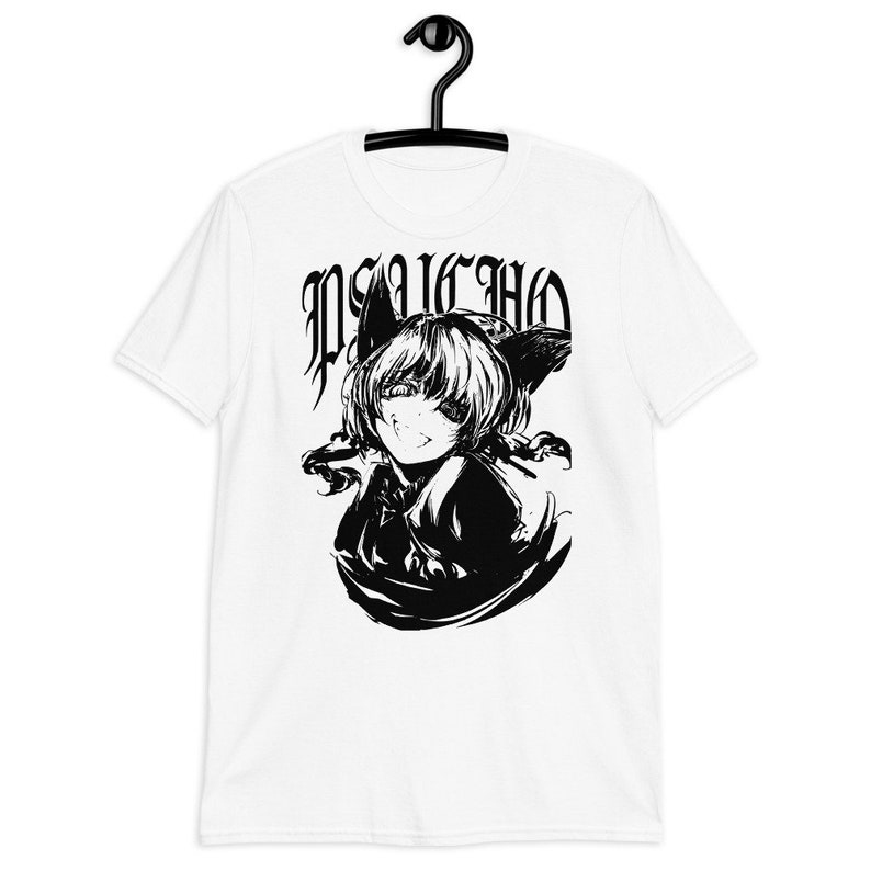 May include: White t-shirt with a black and white illustration of an anime character with cat ears. The text "PSYCHO" is printed in black above the character.