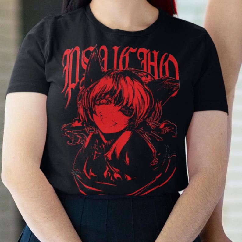 psycho neko mad waifu yandere catgirl nekomimi, printed on a black tshirt, altkawaii design by abyssmerchant.