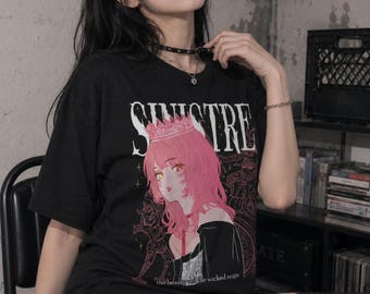 SINISTRE Pastel Goth Anime Girl T-Shirt, Menhera Kawaii Grunge Tee, Gothic Queen Shirt