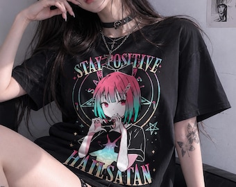 STAY POSITIVE Hail Satan Anime Girl T-Shirt, Kawaii Occult Pastel Goth Tee, Alt Graphic Shirt
