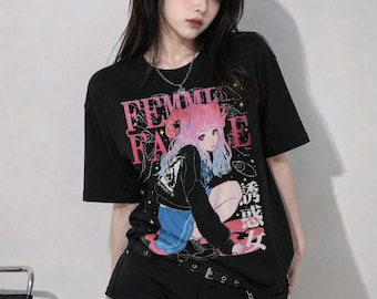 FEMME FATALE Pastel Goth Anime Girl T-Shirt, Yami Kawaii Menhera Tee, Graphic Grunge Shirt