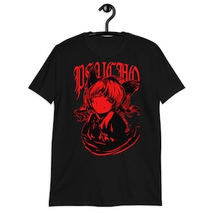 May include: Black t-shirt with a red graphic print of an anime character with cat ears. The text "PSYCHO" is printed in red above the character.