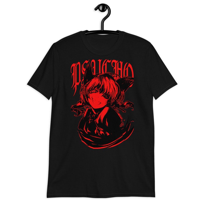 May include: Black t-shirt with a red graphic print of an anime character with cat ears. The text "PSYCHO" is printed in red above the character.
