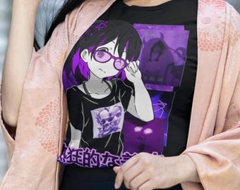 PURPLE AESTHETIC Glasses Girl T-Shirt, Y2K Anime Tops, Aesthetic Waifu Gift, Harajuku, Vaporwave Fashion Unisex Tee Shirt