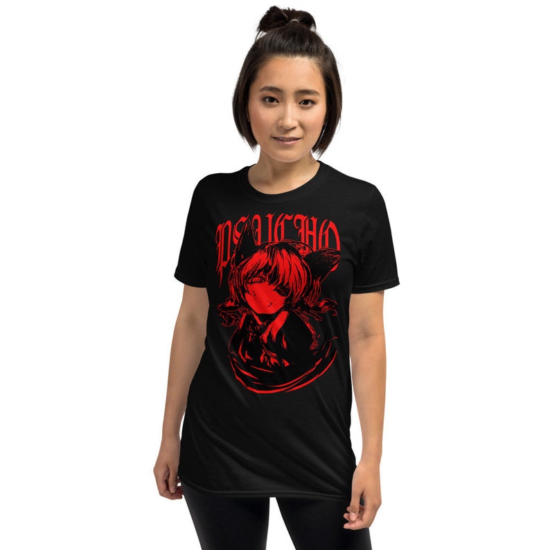 May include: Black t-shirt with a red graphic print of an anime character with cat ears and the word "PSYCHO" in red gothic lettering.