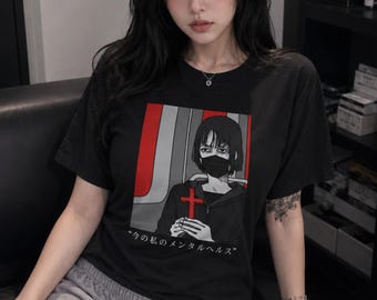 CURRENT MENTAL HEALTH Dark Grunge T-Shirt, Emotionally Tired Anime Tee, Urban Punk Alt Shirt