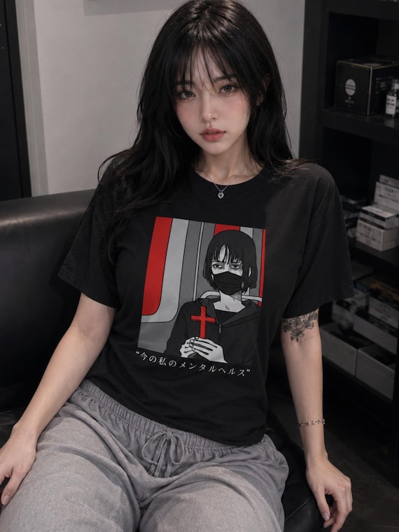 CURRENT MENTAL HEALTH Dark Grunge T-Shirt, Emotionally Tired Anime Tee, Urban Punk Alt Shirt