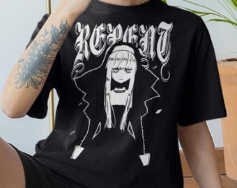 REPENT SINNER Grunge Nun T-Shirt, Kawaii Anime, Goth Streetwear Unisex Tee Shirt