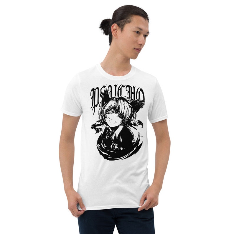May include: White t-shirt with a black and white illustration of an anime character with cat ears. The text "PSYCHO" is above the character.