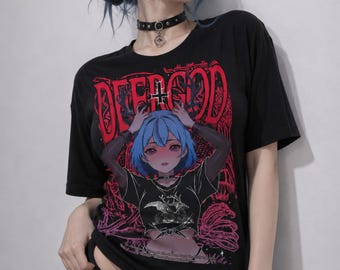 DEERGOD Dark Fantasy Anime Girl T-Shirt, Deer Skull Occult Tee, Gothic Folklore Shirt