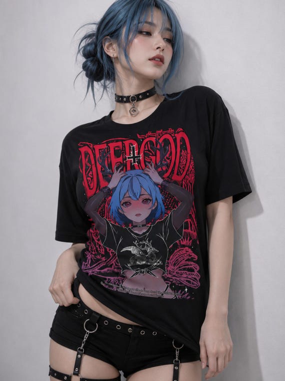DEERGOD Dark Fantasy Anime Girl T-Shirt, Deer Skull Occult Tee, Gothic Folklore Shirt