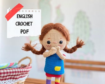 Patrón de crochet para muñeca amigurumi de pelo trenzado: vestido de rayas (PDF), juguete DIY hecho a mano, fácil de usar, descarga instantánea