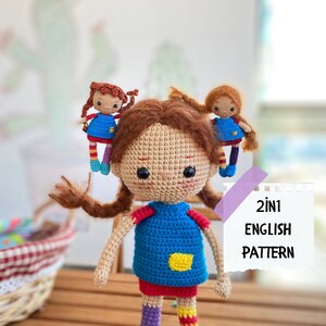 2-in-1 Crochet Doll Pattern – Whimsical Redhead Girl in Mini & Big Size