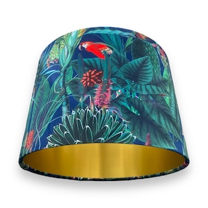 Rainforest navy velvet lampshade, Tropical bird drum shade, Botanical table lamp, floor lamp, Home Decor