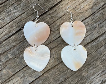 Large MOP Stacked Hearts Mother of Pearl Earrings