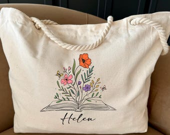 Personalized Book Tote Bag, Bookish Tote Bag, Wildflowers Book Bag, Floral Book Lover Bag, Custom Name Tote Bag, Reader Tote, Bookworm Gift