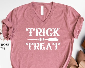 Trick or Treat Shirt, Halloween T-shirt, Vneck Shirt for Women