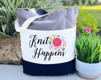 Knit Happens Tote Bag, Funny Knit Gift Bag, Grandma Knitting Bag, Funny Tote Bag, Grandma Knitting Tote Bag, Gift For Grandma, Knitting Gift