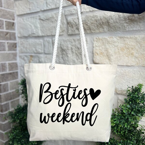 Besties Weekend Tote Bag, Besties Heart Tote Bag, Cruise Gift Bag, Cool Besties Tote Bag, Weekend Rope Handle Bag, Gift For Besties Rope Bag