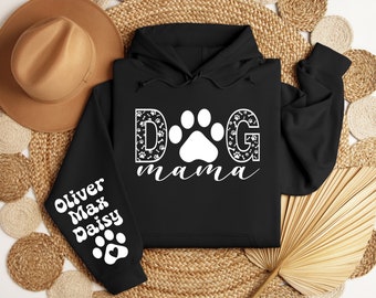 Custom Dog Mama Hoodie with Pet Name on Sleeve, Personalized Gift Hoodie, Dog Mama Hoodie, Pet Lover Sweatshirt, Dog Lovers Hoodie
