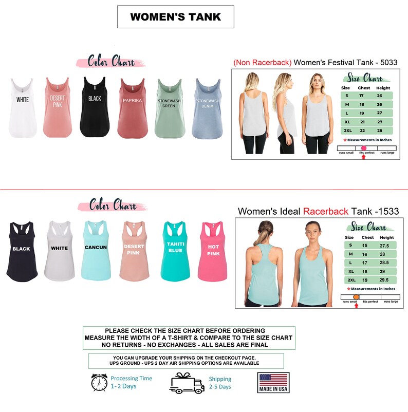 a women's tank top is shown with measurements