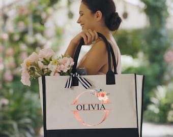 Monogrammed Tote Bag, Floral Initial Tote, Personalized Wedding Tote Bag, Initials Tote Bag, Custom Name Canvas Bag, Wedding Party Tote Bag