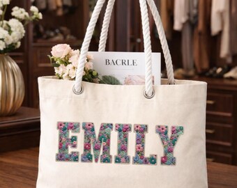 Sac fourre-tout personnalisé avec nom, motif floral vintage, sac en toile de plage de voyage