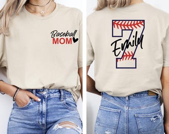 Custom Personalized Baseball Mom, Retro Baseball Mom T-Shirt, Baseball Season Mom Shirt, Name And Number Baseball Shirt