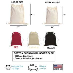 a drawsack bag is shown with the measurements for it