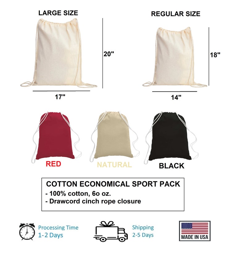 a drawsack bag is shown with the measurements for it