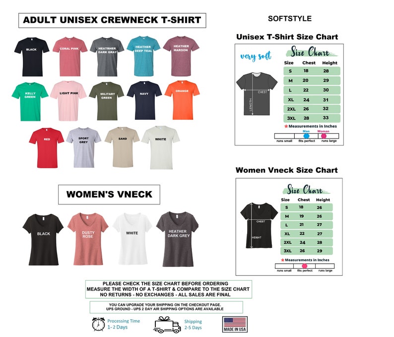 Puede incluir: Una tabla de tallas para camisetas de cuello redondo unisex y camisetas de cuello en V para mujer. La tabla muestra las medidas de pecho y altura en pulgadas para las tallas S a 3XL. La tabla tambi&eacute;n incluye una tabla de colores de los colores de camiseta disponibles.