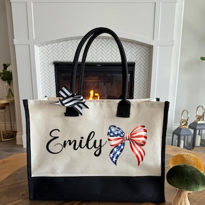 Custom 4th of July Tote Bag, American Flag Coquette Bow Tote Bag, Independence Day Tote Bag, Patriotic Tote Bag, Coquette America Tote Bag