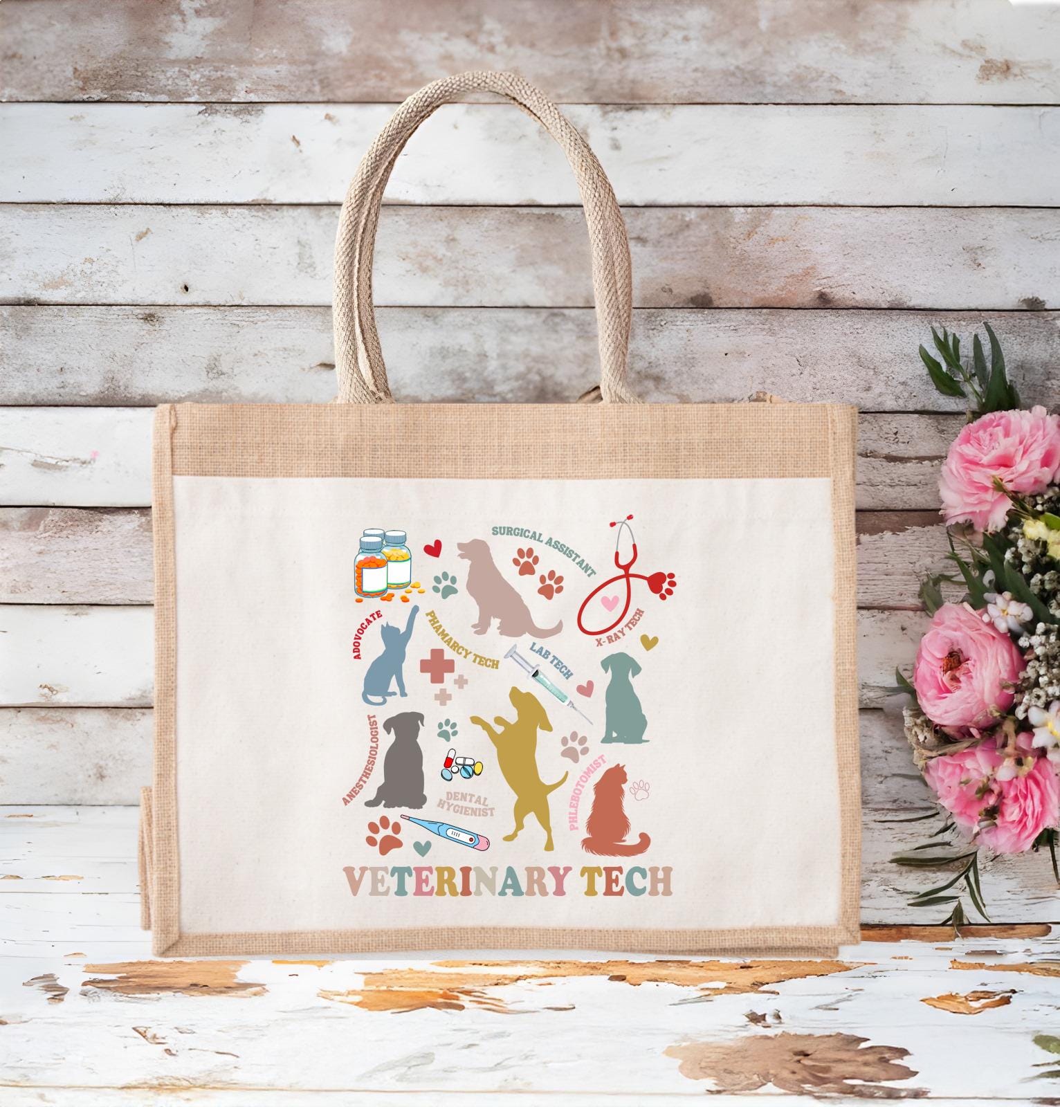 Vet Tech Jute Tote Bag, Veterinarian Technician Jute Tote Bag