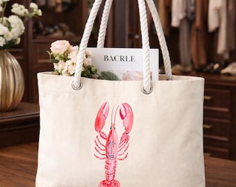 Vintage Red Lobster Beach Tote Bag, Summer Vacation, Aesthetic Coastal Canvas Bag