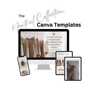 Pode incluir: Uma coleção de modelos Canva com um esquema de cores neutro. Os modelos incluem uma citação sobre estar bem vestido, um lembrete para as 8:00 e um anúncio de nova coleção.