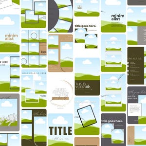 Puede incluir: Una colección de 16 plantillas para redes sociales con un diseño minimalista con colinas verdes, cielo azul y nubes blancas. Las plantillas incluyen cuadros de texto para títulos, subtítulos e información de contacto. El texto "minim alist" aparece en varias de las plantillas.