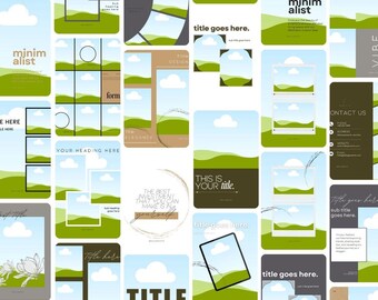 May include: A collection of 16 social media templates featuring a minimalist design with green hills, blue skies, and white clouds. The templates include text boxes for titles, subtitles, and contact information. The text "minim alist" appears on several of the templates.