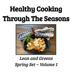 May include: A close-up of a dish of pasta with tomatoes, mozzarella cheese, and basil. The dish is on a wooden table with a blue and white checkered napkin. The text "Lean and Greens Spring Set - Volume 1" is below the image.